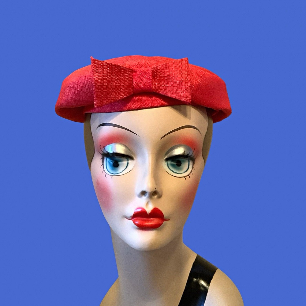 Vintage 1950's Womens Red Straw Beret Hat with Bow Accent Spring Summer Party